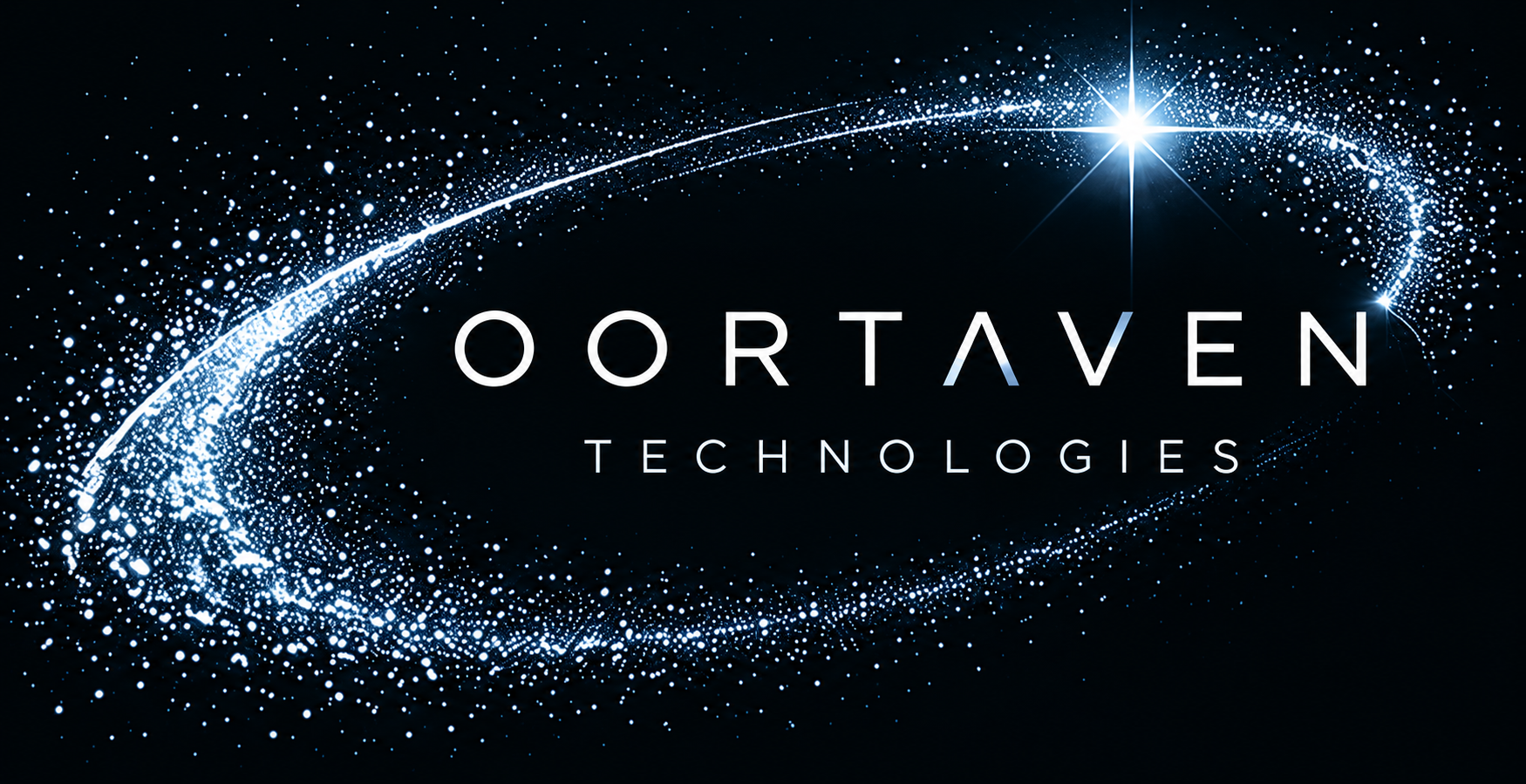 Oortaven Technologies wordmark within an icy-blue particle ellipse